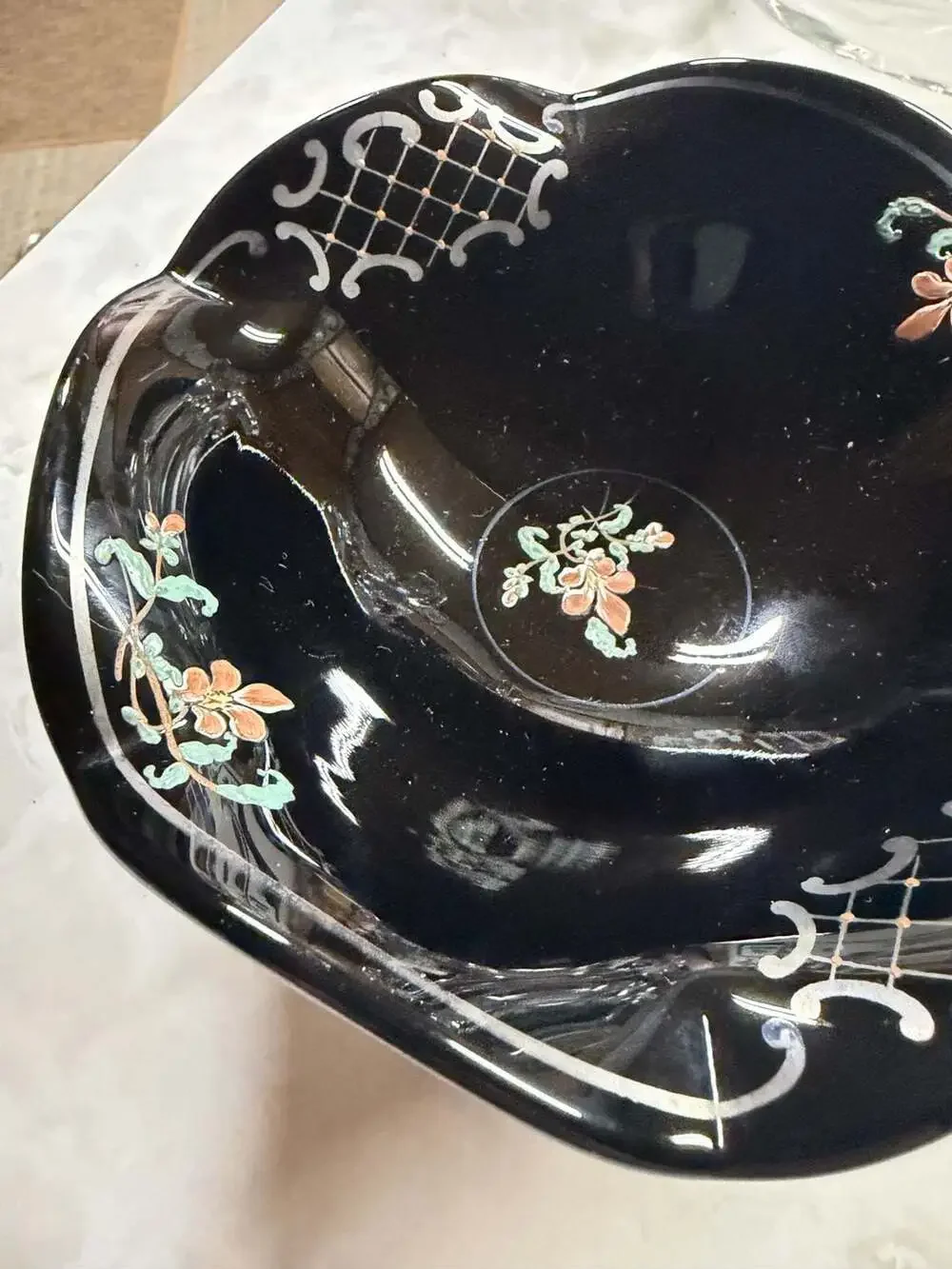 Vintage Japanese Black Porcelain Scalloped Footed Bowl with Hand-Painted Floral